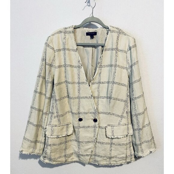 Ann Taylor Jacket Womens 18 Ivory Windowpane Tweed Fringe Academia Work Career - Picture 2 of 7